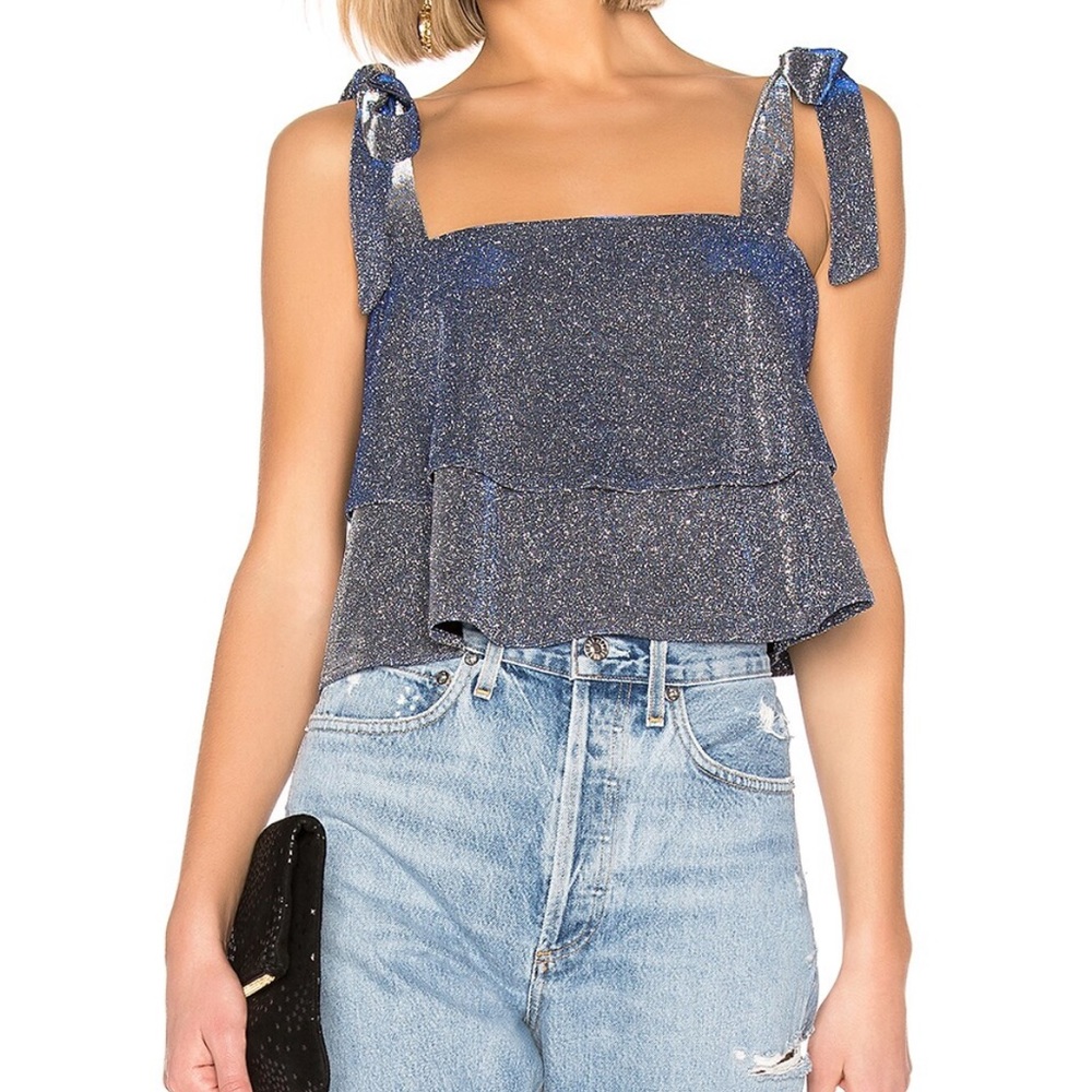 Superdown blue metallic glitter overlay top.